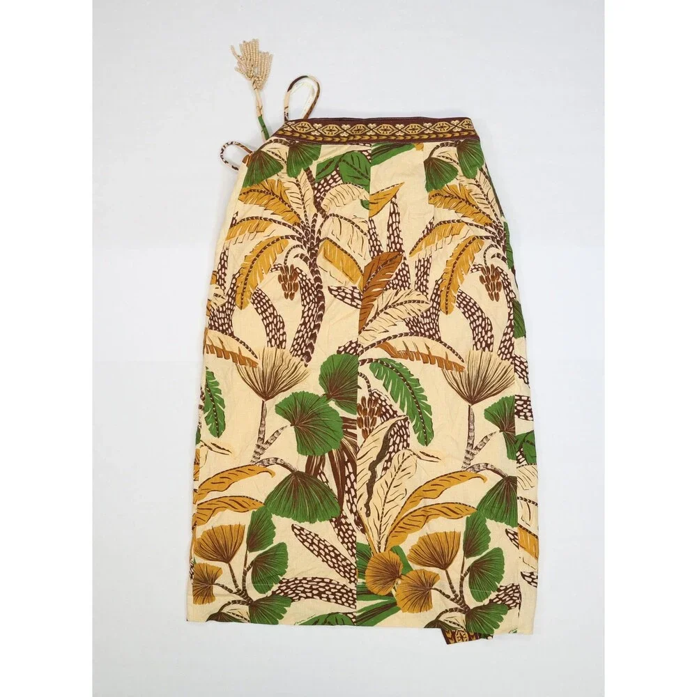 Farm Rio Skirt Womens XS Multicolor Foliage Sketch Sand Wrap Midi Beaded Tassel - Picture 4 of 9